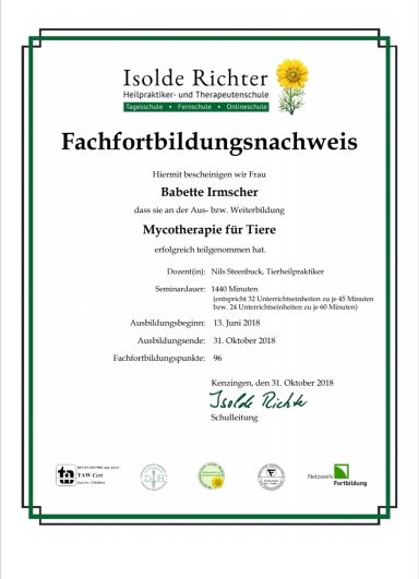 Zertifikat über Fachfortbildung im Bereich Tiertherapie von Isolde Richter.