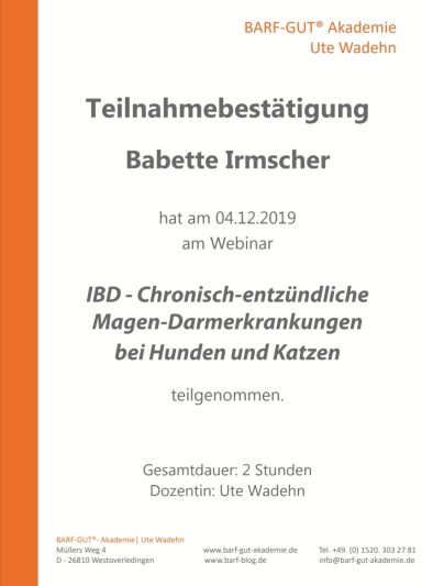 Teilnahmebestätigung für Babette Irmscher, 04.12.2019, Thema: Magen-Darm-Erkrankungen.