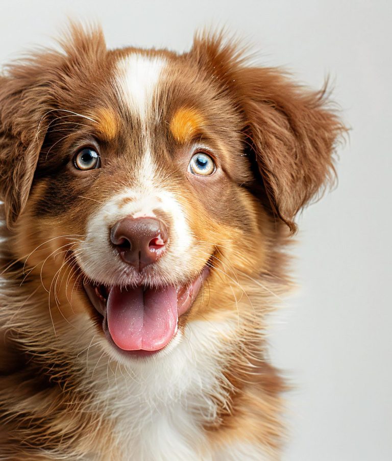 Brauner Australian Shepherd Welpe mit hellblauen Augen und fröhlichem Ausdruck.