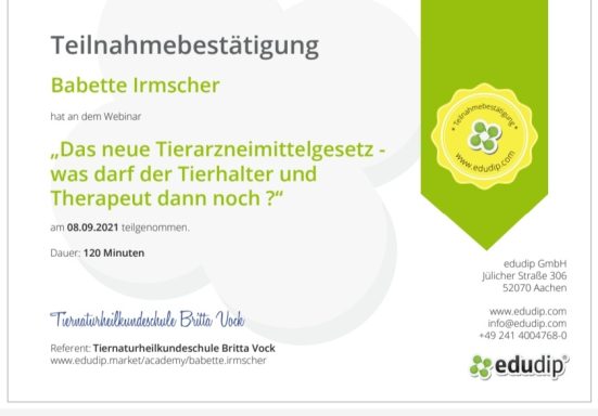 Teilnahmebestätigung für das Seminar „Das neue Tierarzneimittelgesetz“.